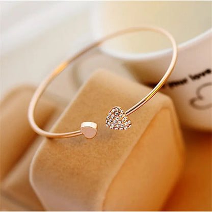 2019 Hot New Fashion Adjustable Crystal Double Heart Bow Bilezik Cuff Opening Bracelet For Women Jewelry Gift Mujer Pulseras