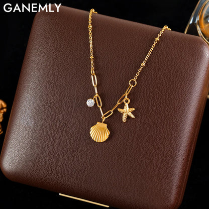 GANEMLY 316L Stainless Steel Shell Starfish Zircon Pendant Necklace For Women Fashion New Gift Neck Chain Waterproof Jewelry