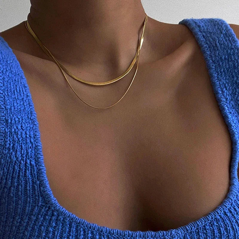 Set Double Layered Necklace 1/3mm Snake Chain Round Flat Chains 316L Stainless Steel Jewelry Lady Accessories Herringbone Choker