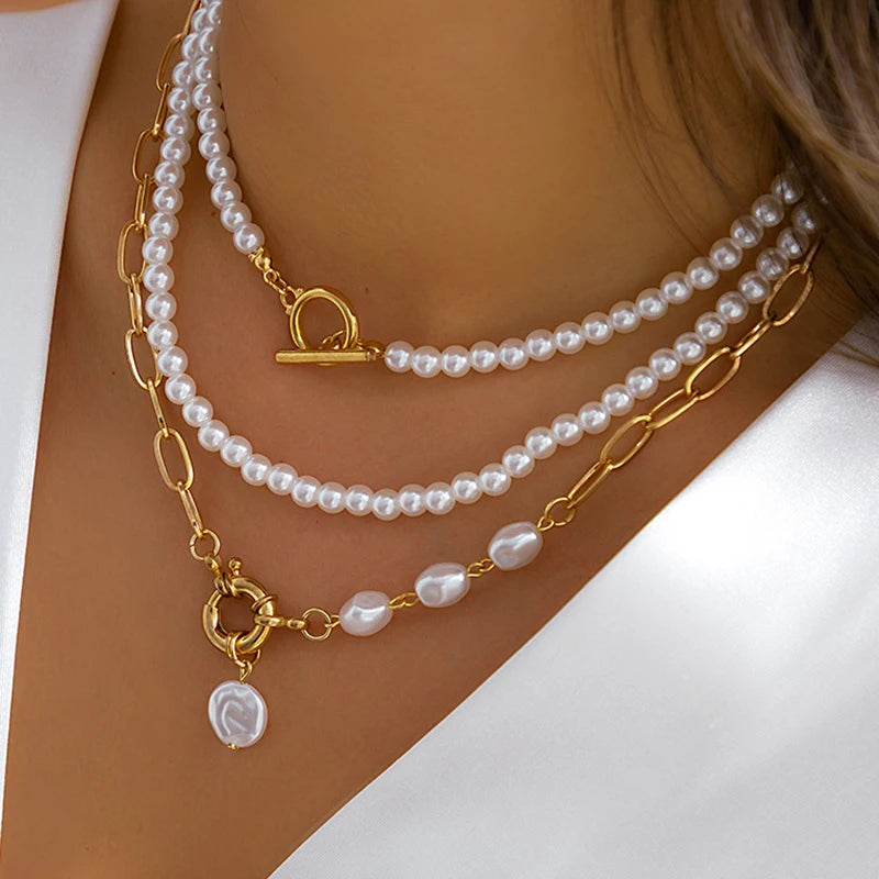 Elegant Pearl Multi-layer Necklace Minimalism Beads Gold Color Choker Necklace For Girls Jewelry Trend Vacation Wedding Gifts