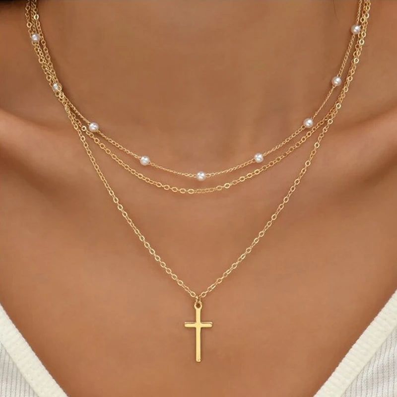 LATS Simple Pearl Choker Necklaces for Women Fashion Double Layer Chain Small Love Heart Pendant Necklace Jewelry Gift Wholesale