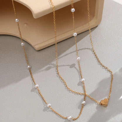 LATS Simple Pearl Choker Necklaces for Women Fashion Double Layer Chain Small Love Heart Pendant Necklace Jewelry Gift Wholesale