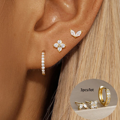 3PCS Stainless Steel Gold Color Circle Hoop Earrings Set for Women Simple Zircon Flower Stud Earring Cartilage Piercing Jewelry