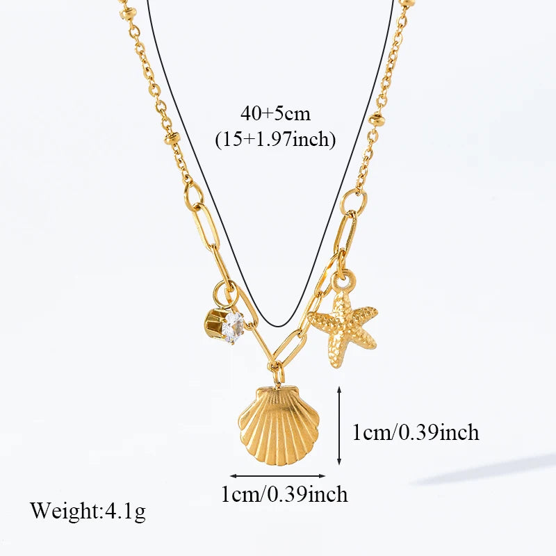 GANEMLY 316L Stainless Steel Shell Starfish Zircon Pendant Necklace For Women Fashion New Gift Neck Chain Waterproof Jewelry