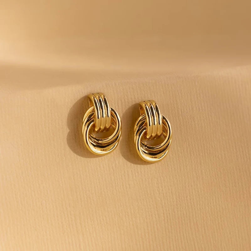 Vintage Three Layers Mini Knot Stud Earrings for Women Gold Plated Twisted Small Circle Stainless Steel Earring Punk Jewelry