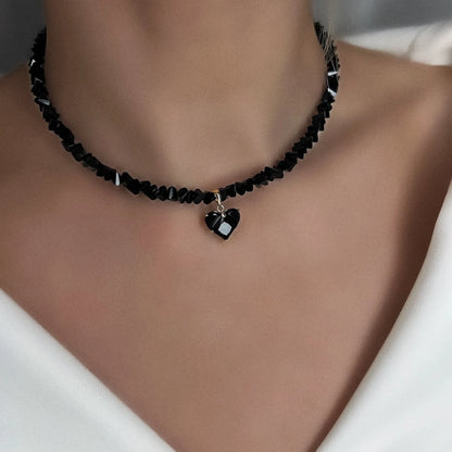 Boho Black Beads Necklace With Heart Pendant Female Jewelry Luxury Rhinestone Choker Necklaces Women Ladies Party Necklace