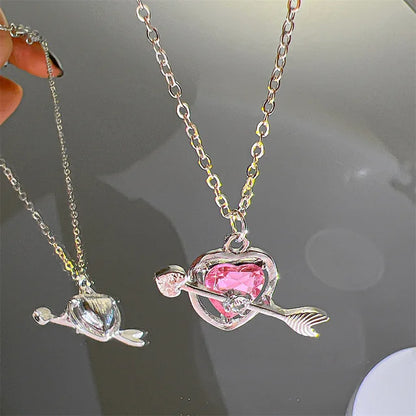 Y2K Pink Planet Heart Zircon Pendant Necklaces Women Fashion Aesthetic Clavicle Chain Necklace Valentines Day Gift Party Jewelry