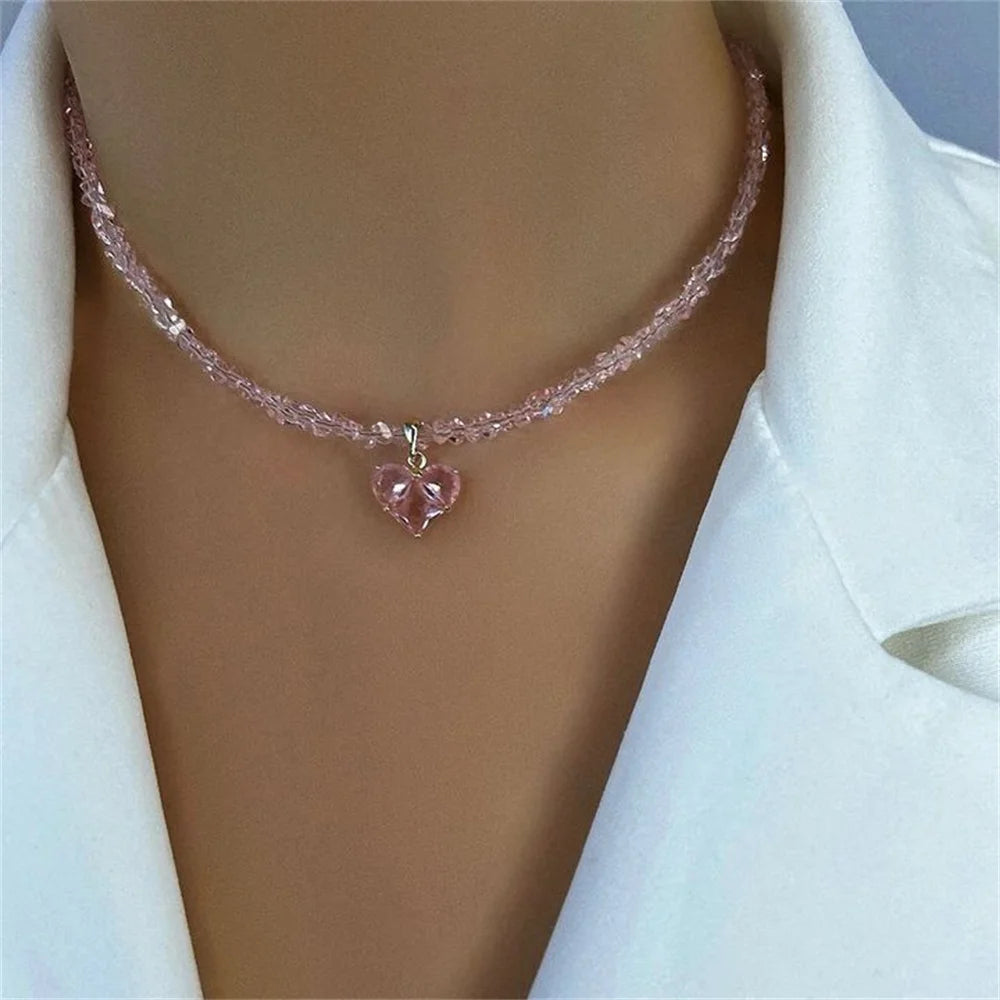 Fashionable And Minimalist Stainless Steel Heart-Shaped Pendant, Heart-Shaped Crystal Bead Necklace Gift New