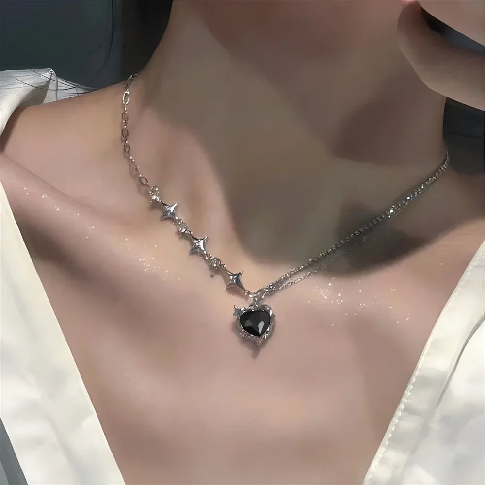 SUMENG 2024 Purple Pink Black Crystal Heart Pendant Necklace Sweet Cool Girl Punk Clavicle Chain For Women Fashion Jewelry Gifts