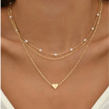 FTCY 3pcs Women's Pearl Necklace Set 14K Gold Fashion Love Heart Pendant Waterproof Hypoallergenic Collarbone Neck Chain Jewelry