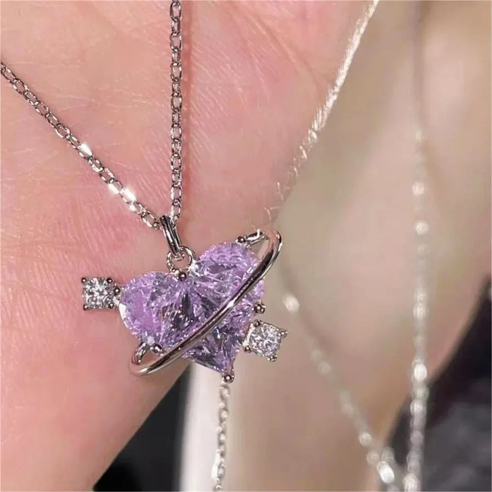 SUMENG 2024 Purple Pink Black Crystal Heart Pendant Necklace Sweet Cool Girl Punk Clavicle Chain For Women Fashion Jewelry Gifts