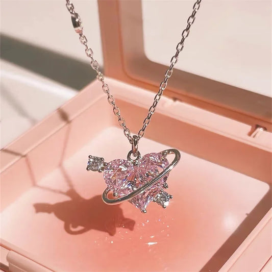 Y2K Pink Planet Heart Zircon Pendant Necklaces Women Fashion Aesthetic Clavicle Chain Necklace Valentines Day Gift Party Jewelry