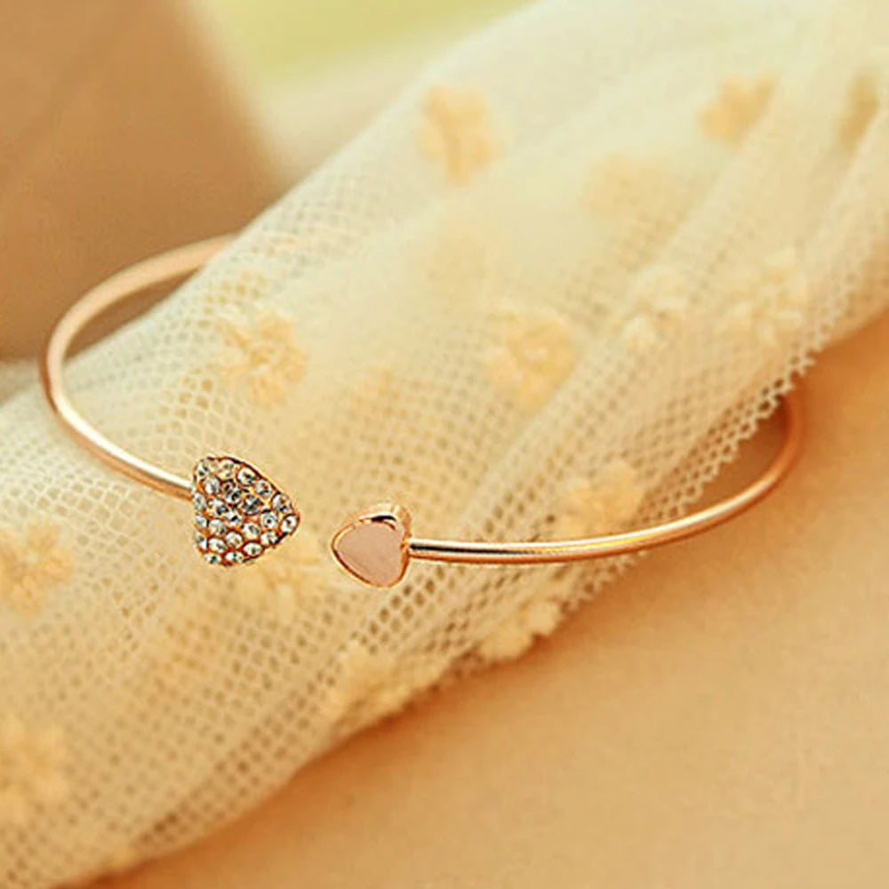 2019 Hot New Fashion Adjustable Crystal Double Heart Bow Bilezik Cuff Opening Bracelet For Women Jewelry Gift Mujer Pulseras