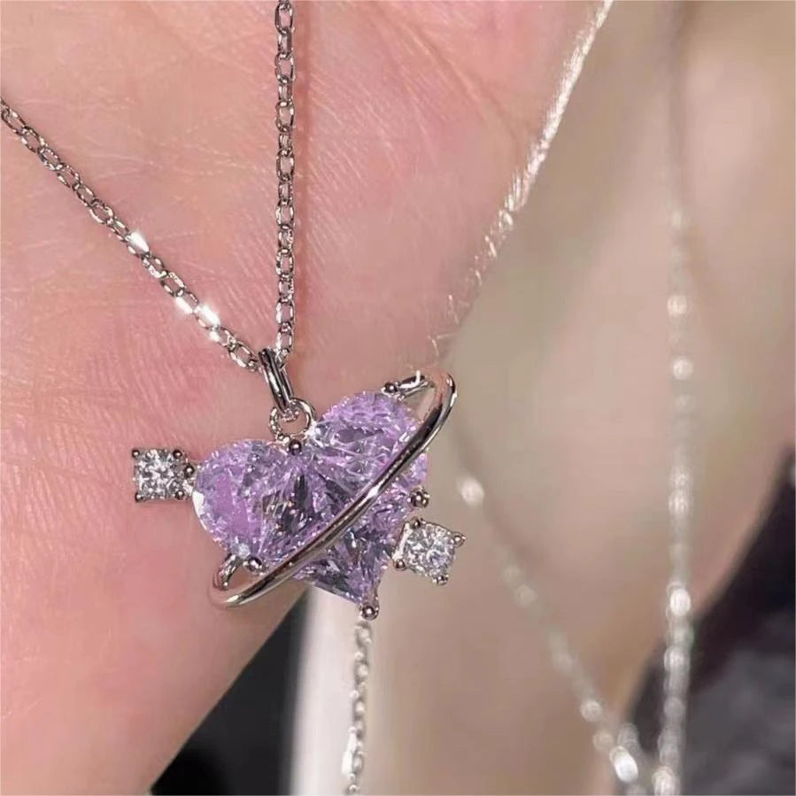 Y2K Pink Planet Heart Zircon Pendant Necklaces Women Fashion Aesthetic Clavicle Chain Necklace Valentines Day Gift Party Jewelry