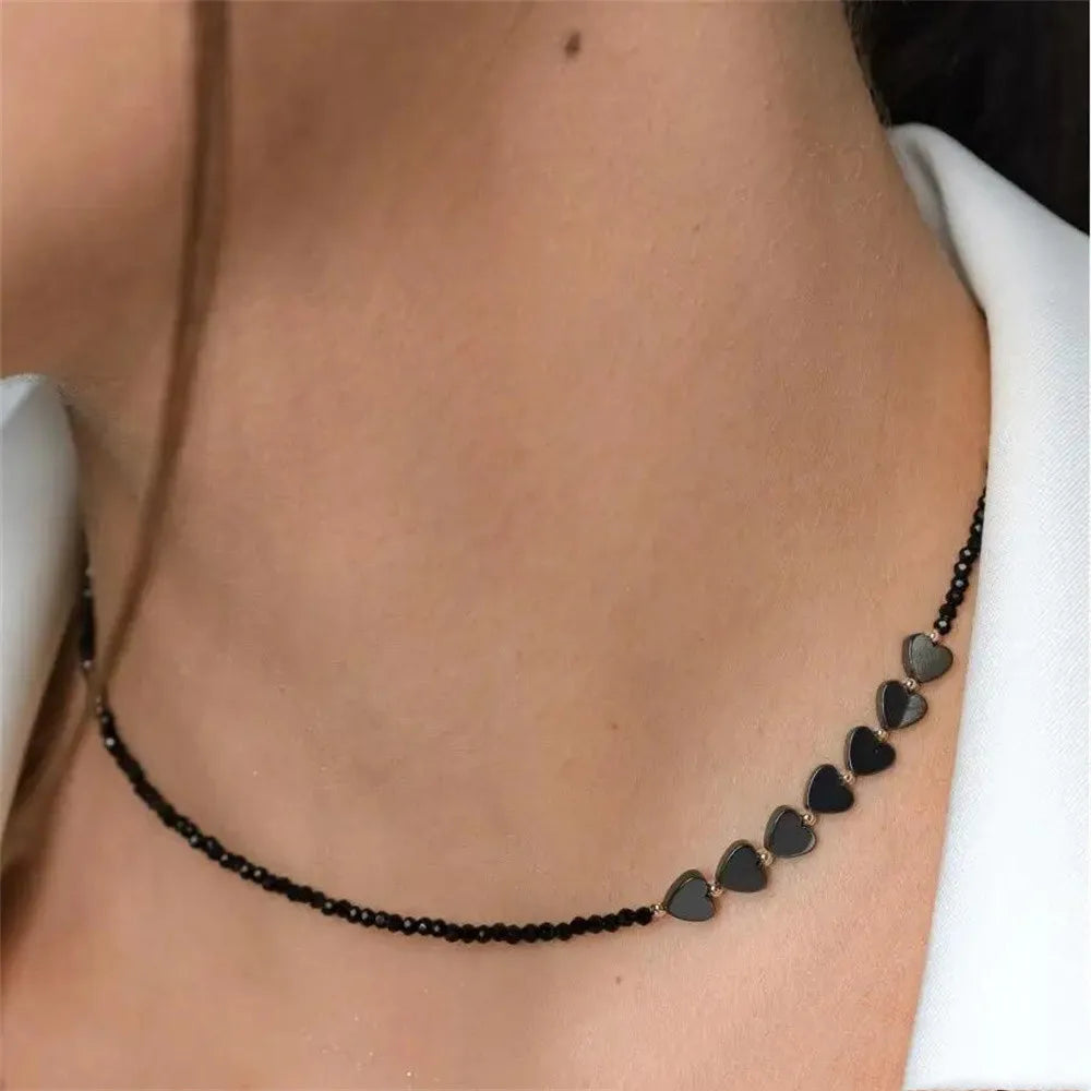 Fashionable Minimalist Black Gallstone Heart-Shaped Patchwork Crystal Beading Necklace for Women's Gift New2024