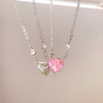 Y2K Pink Planet Heart Zircon Pendant Necklaces Women Fashion Aesthetic Clavicle Chain Necklace Valentines Day Gift Party Jewelry